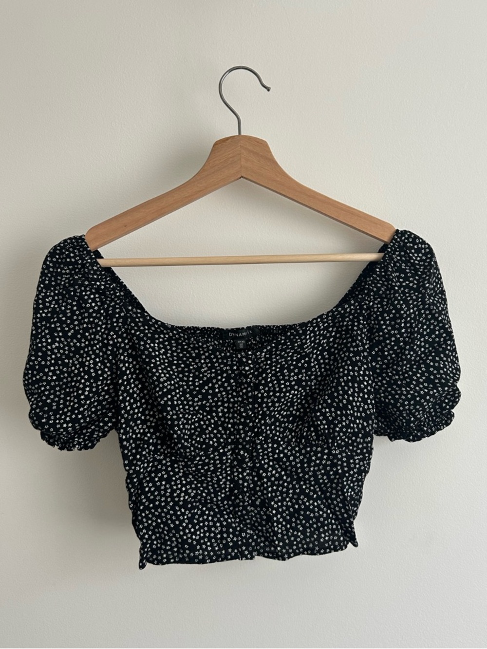 Dynamite Black Puff Sleeve Smocked Crop with White Dot Print